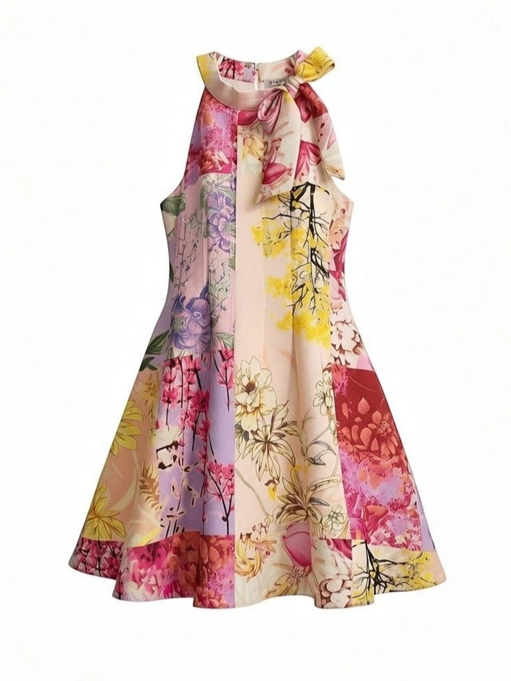 GB Girls Patch Pattern Floral Bow Neckline Back Zip Dress Size 12 Like New